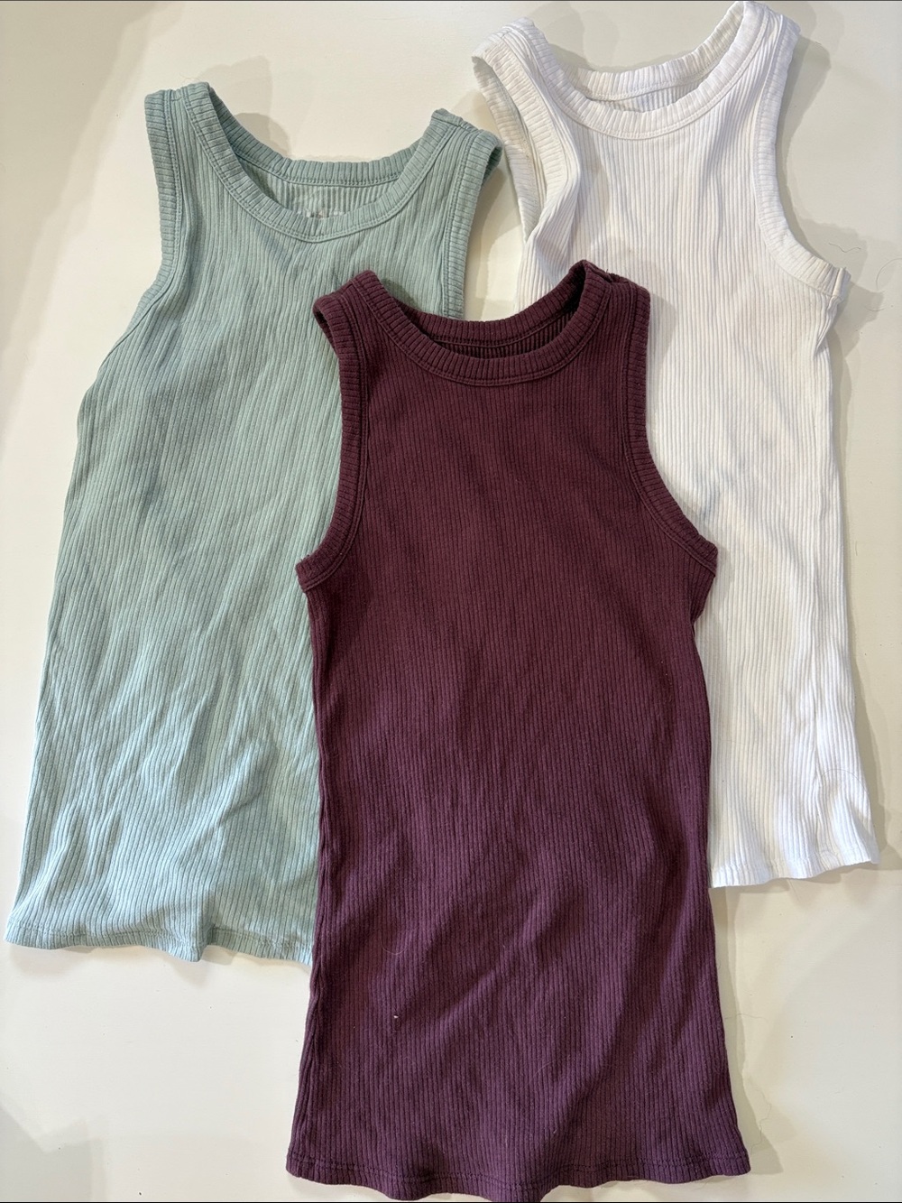 Maurices Ribbed Tank Tops in White, Sage, Plum (3-Pack)